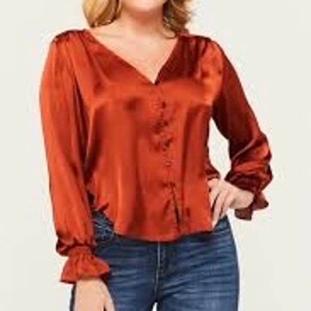Velvet Heart Button Front Balloon Sleeve Satin Top Rust Brown Size Medium NWT